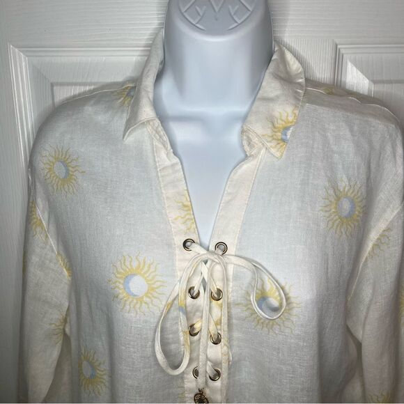 Cynthia Rowley Cream Yellow Sun Moon Linen Swim Coverup Tunic Shirt Dress S - Picture 3 of 9